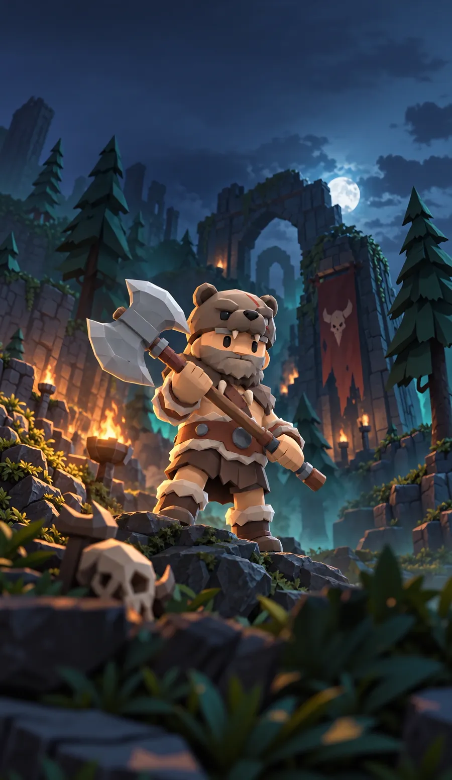 The barbarian hero in the ruins at night